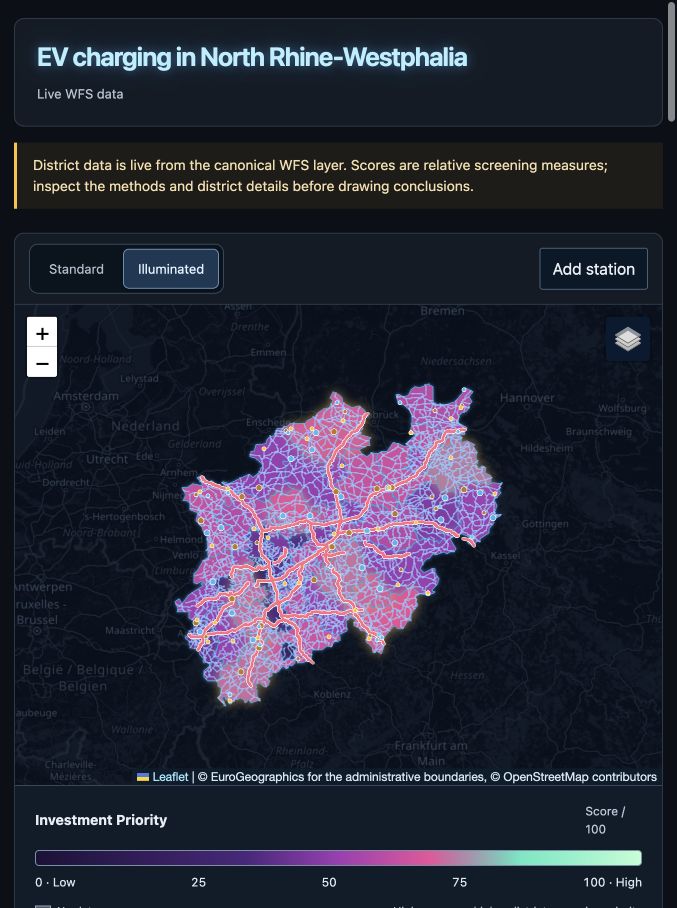 NRW Charging Atlas showing its district comparison map, metric controls and data-source attribution