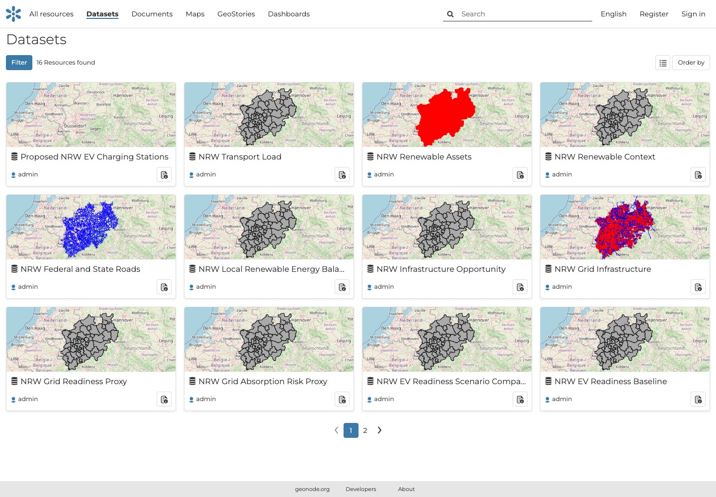The GeoNode Datasets page with 16 published resources and map previews for the NRW layers