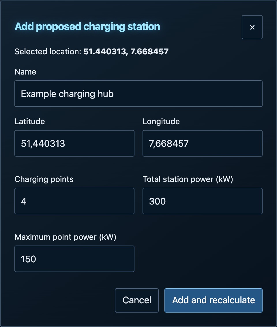 An example proposed charging station with four charging points, 300 kW total power and 150 kW maximum point power, before saving