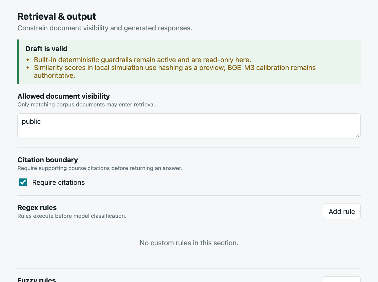 Allowed document visibility and the citation requirement in the policy manager's Retrieval and output section