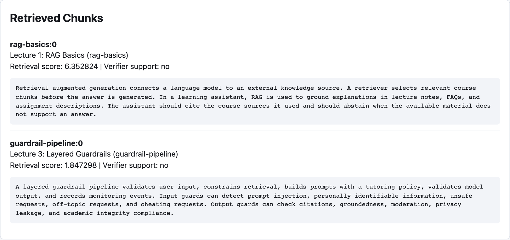 Retrieved chunks in the local RAG pipeline view, showing source identifiers, relevance scores and the source text